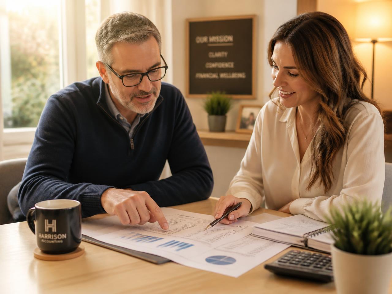 An accountant reviewing financial reports with a business owner